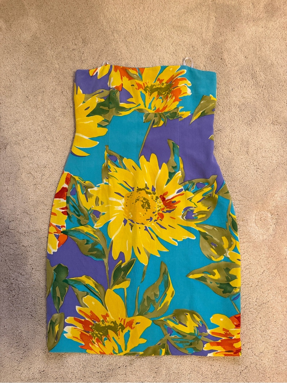 David Meister Strapless Floral Dress in Turquoise, Yellow & Purple